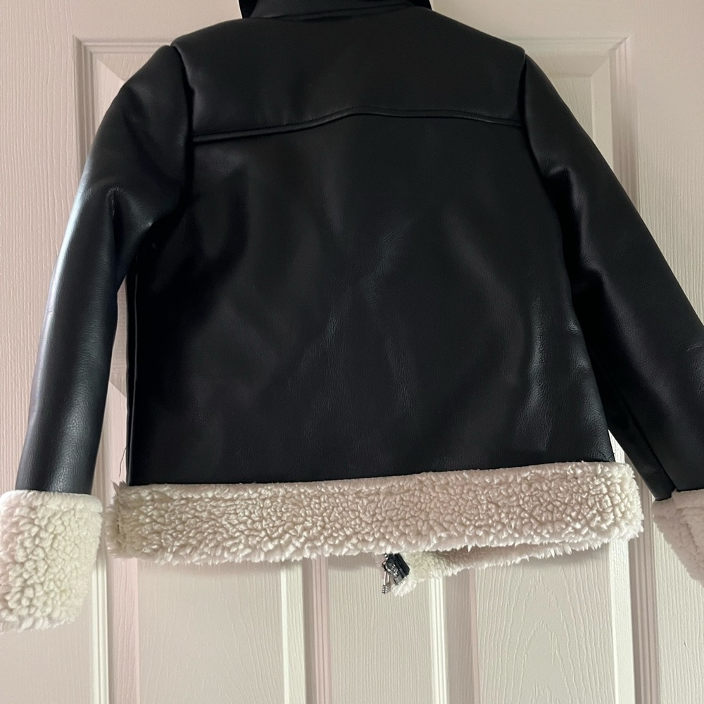 Black Faux Leather Jacket with Shearling Trim